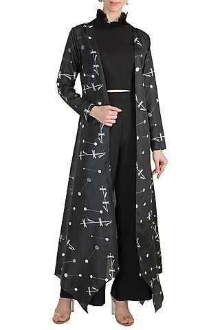 Black Crop Top With Pants & Printed Embroidered Jacket by Arya by SVA